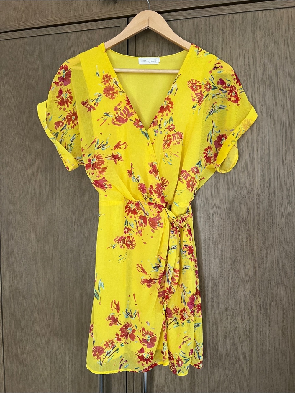 All in Favor Yellow Floral Wrap Mini Dress
